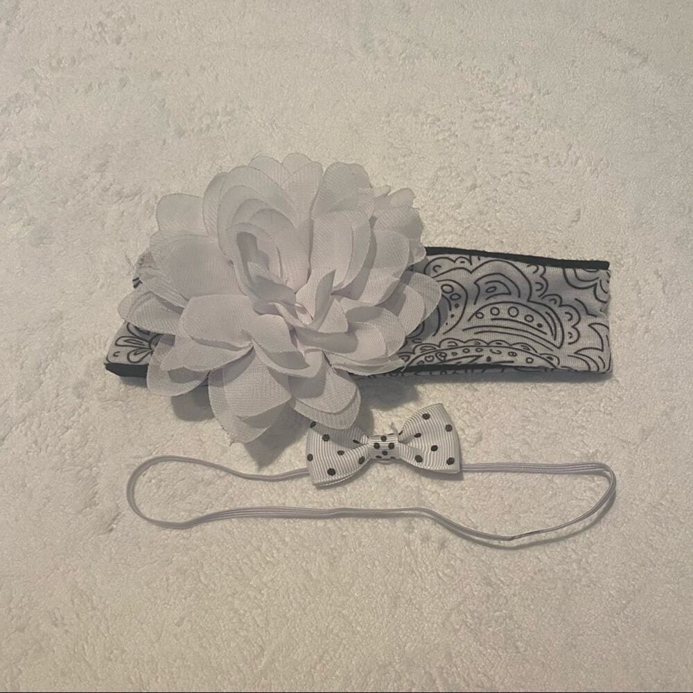 Set of 2 Baby Girl Headbands Black & White Flower & Bow Polka Dots Paisley Print